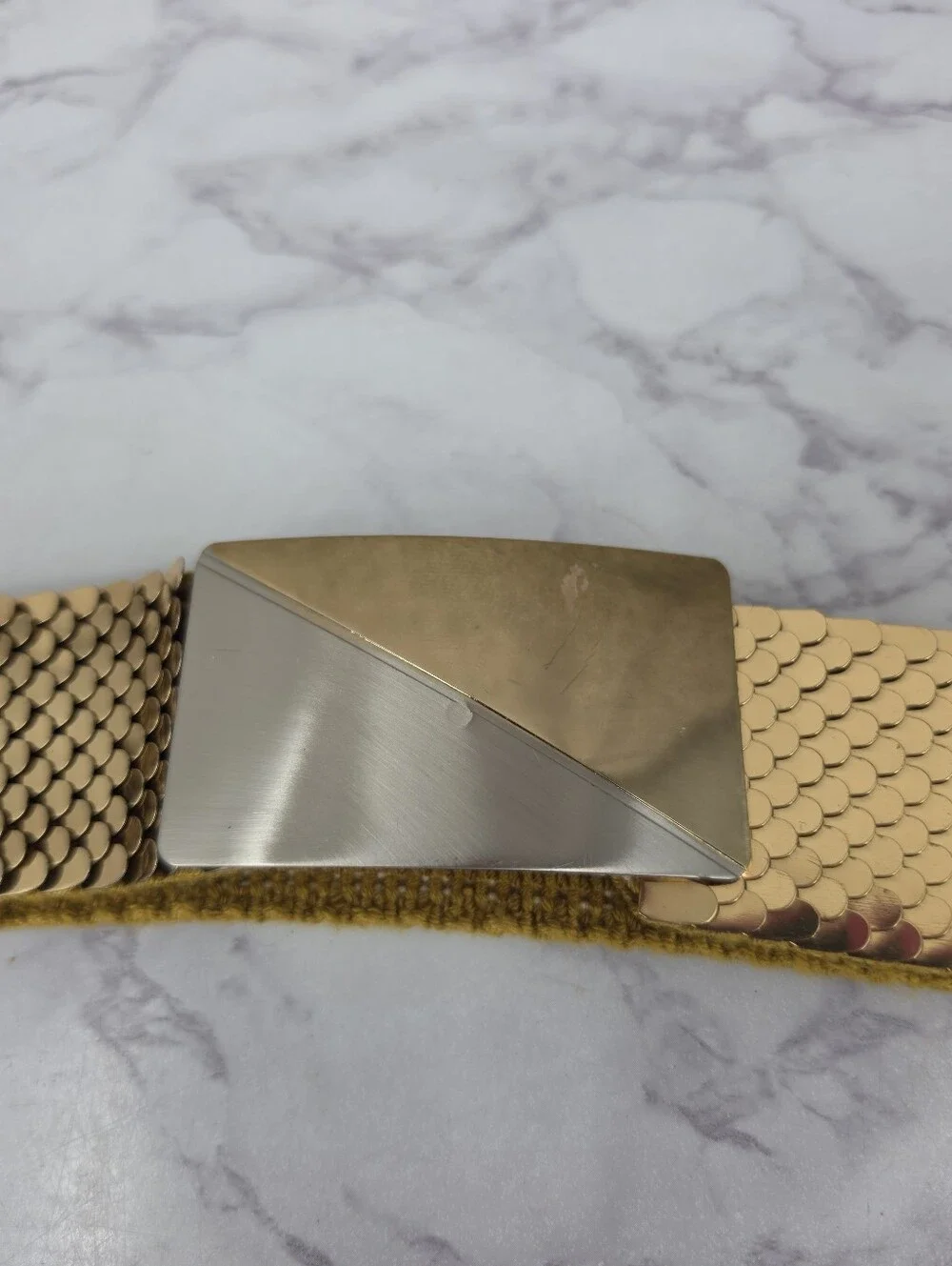 Vintage 80s Gold Tone Articulated Fishscale Stretch Belt Two Tone Buckle